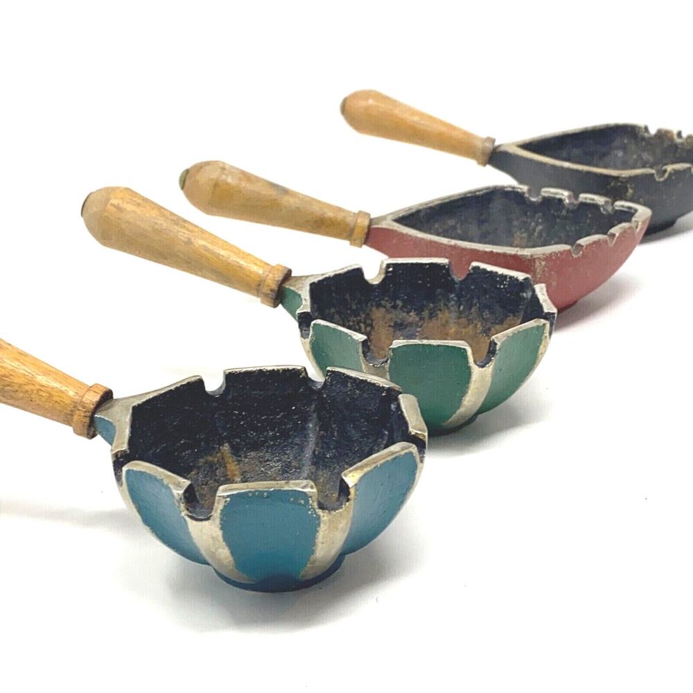 4 VTG Ashtrays Cast Iron Wood Handle MCM Retro Kitschy Western Planter Red Teal